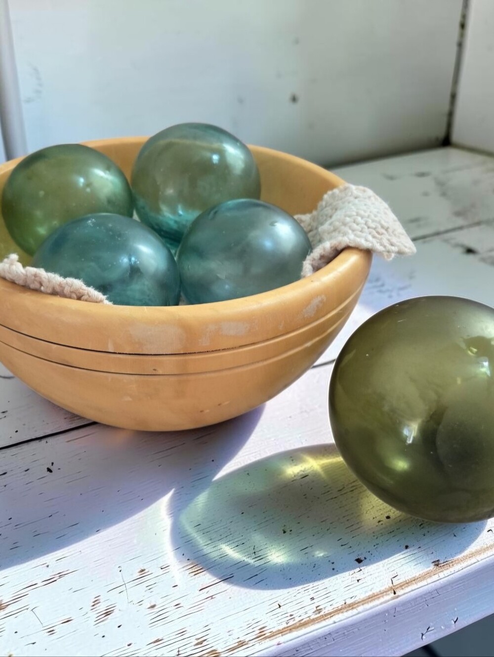 FOUR Japanese Glass Fishing Floats 3" Aqua Green, Coastal Beach House Decor - Picture 7 of 8